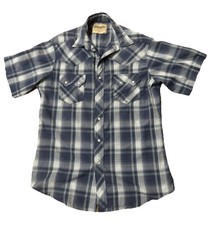 Vintage Wrangler Western Blue Check Plaid Pearl Snap Button Down Shirt Mens Sz M