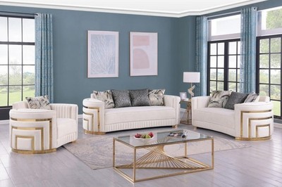 NEW Cream 3PC Sofa Loveseat Two-Tone Velvet Tufted Gold Contemporary Living Room
