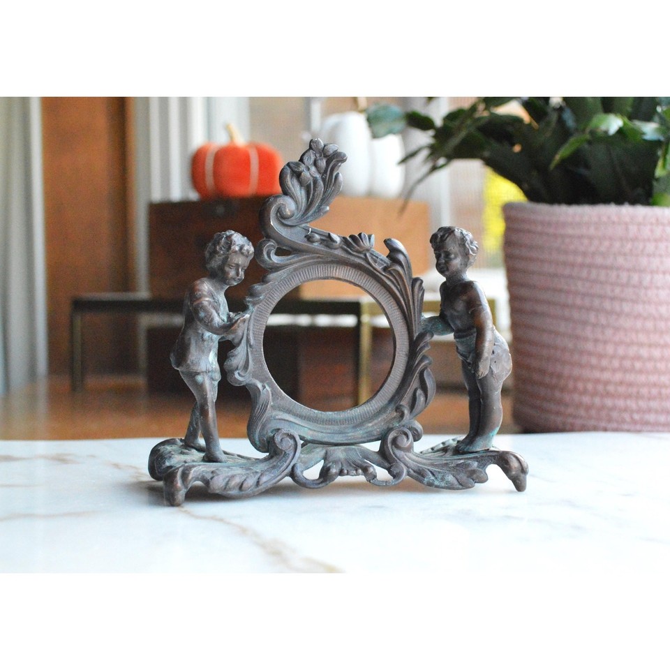 Antique Victorian Bronze Cherub Pocket Watch Holder Stand Putti Mini Frame