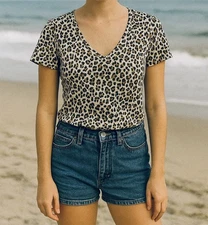 Gap Top Knit V-Neck Pullover Tee Artsy Leopard Bohemian Festival Women's Small