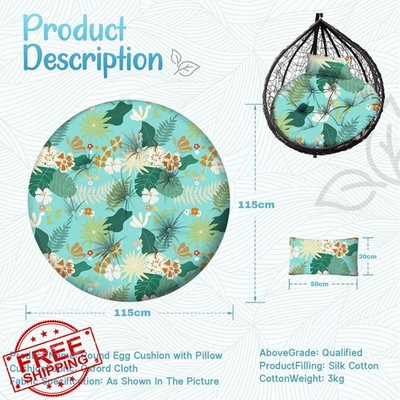 Egg Chair Cushion Replacement 45'' Cyan Flower Leaves Waterproof
