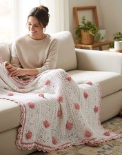 Handmade Crochet 3D Rose Baby Blanket Afghan White Pink Ruffle Granny 32x40