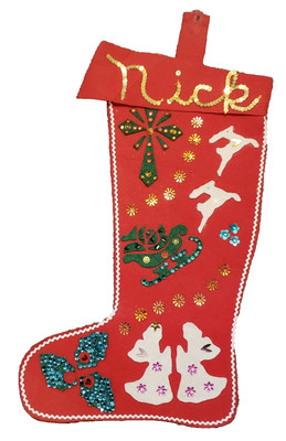 Red Felt Sequin Christmas Stocking Sequins Nick Angels Reindeer Sleigh Vintage