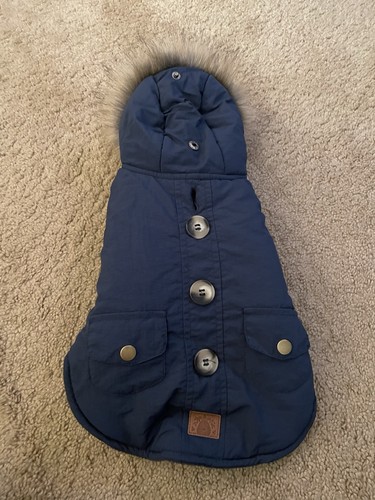Navy Parka Dog Coat -Adjustable - Faux Fur Trim Hood -Bee & Willow