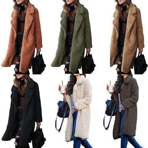 Women Winter Fluffy Long Coat Outwear Faux Fur Teddy Bear Jacket Cardigan Fleece - Picture 4 of 19