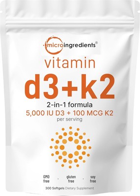 Vitamin D3 5000 IU with K2 100 mcg, 300 Soft-Gels | K2 MK-7 with D3 Vitamin Supp