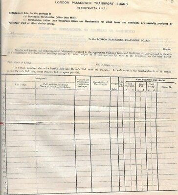 METROPOLITAN RAILWAY - CONSIGNMENT NOTE - 1930s