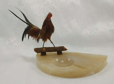 RARE~ UNIQUE ~ VINTAGE Art Deco Detailed Lifelike Rooster Ashtray On Marble Base