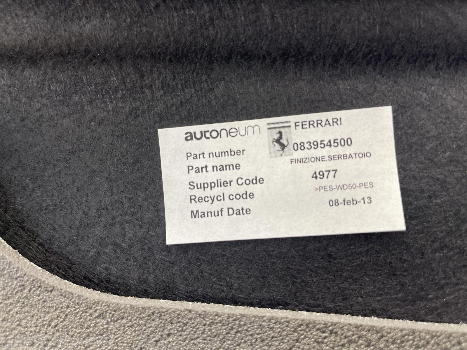 2008-2014 FERRARI CALIFORNIA REAR TRUNK FLOOR LUGGAGE TRIM COVER GRAY CARPET OEM