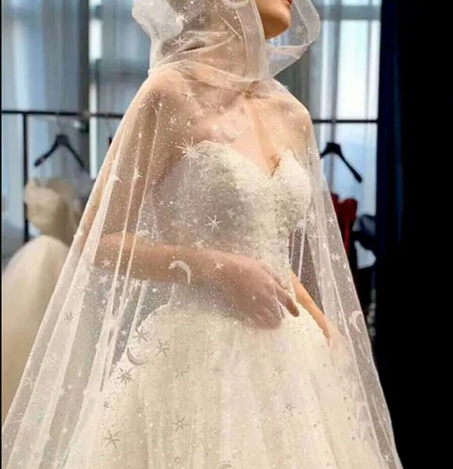 Hooded Wedding Tulle Bridal Cloak Veil Star & Moon Church Hooded Wedding Tulle Bridal Cloak Veil Star & Moon Church