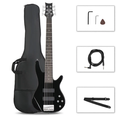 Glarry Full Size GIB 6 String H-H Pickup Electric Bass Guitar Bag Strap Pick Con
