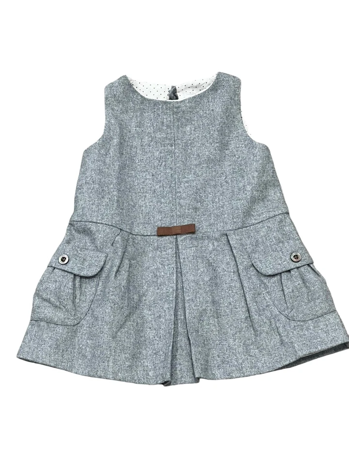 VESTIDO JACADI PARÍS FRANCIA NIÑAS 12M GRIS LANA SIN MANGAS PLISADO BOLSILLOS JUMPER Foto 2 de 4