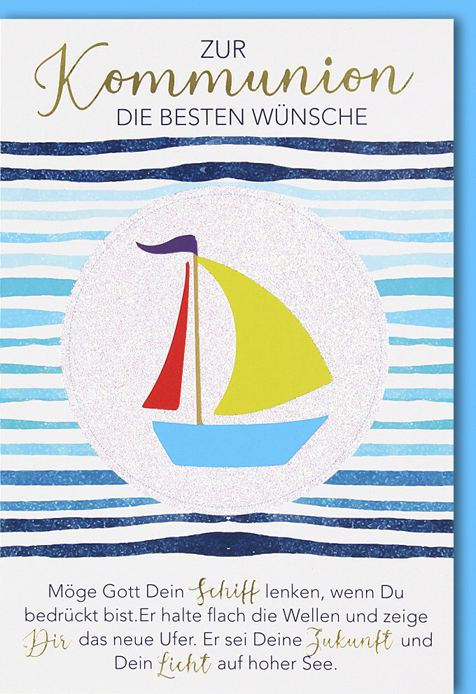 Kommunionskarte Glitzerlack und Folienprägung Spruch Gott Schiff - mit Umschlag