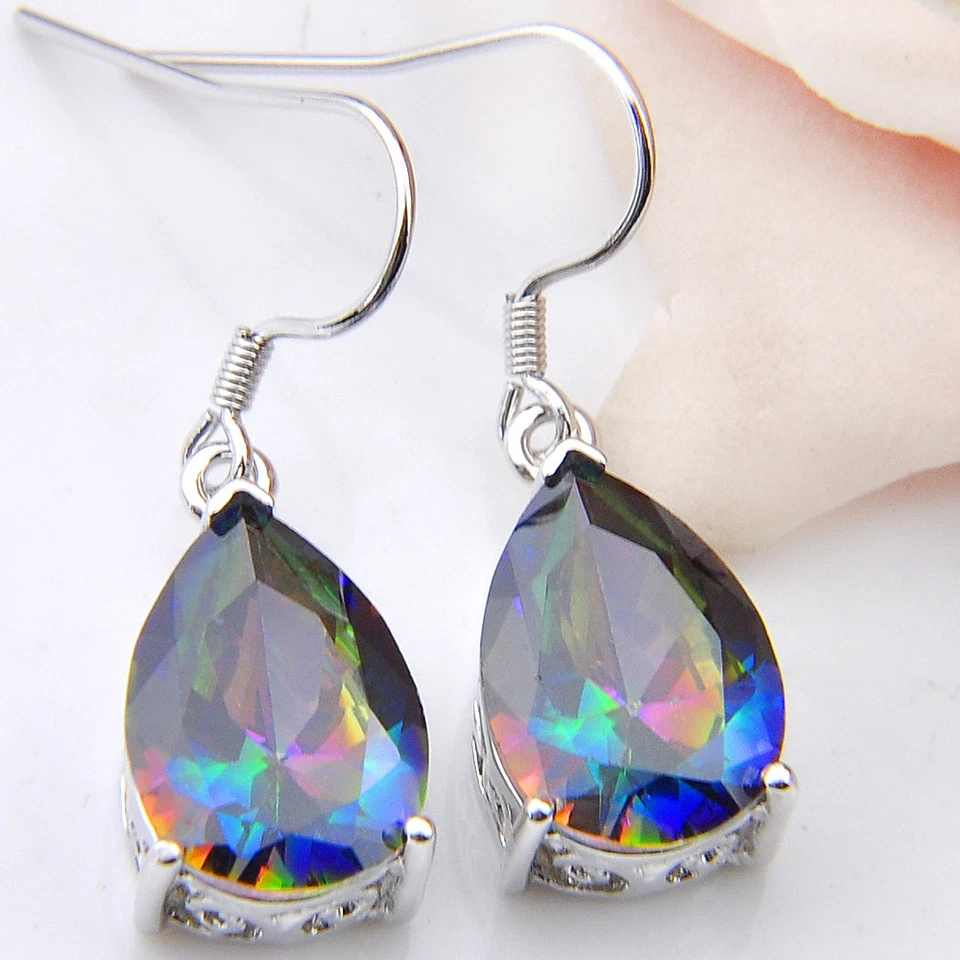 Elegantes pendientes colgantes de plata con piedras preciosas de topacio místico arco iris natural en forma de pera Foto 3 de 4