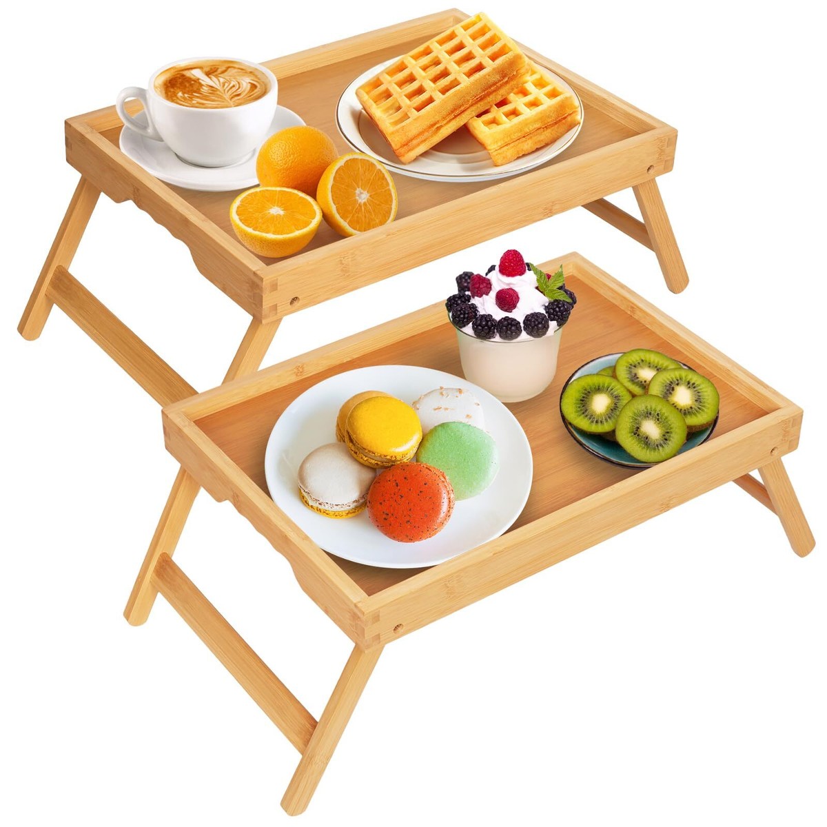 2-Pack Bamboo Serving Trays With Handles - Portable Bed Breakfast Trays For Home & Restaurants