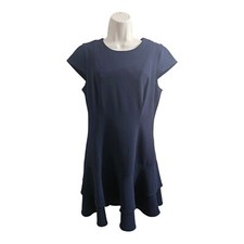 Eliza J Solid Navy Blue Cap Sleeve Ruffle Hem Dress Stretch Womens Size 10