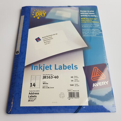 Avery J8163-40 weiß Tintenstrahl 560 Adresse Drucker Etiketten 99 mm x 38 mm 40 Blatt NEU