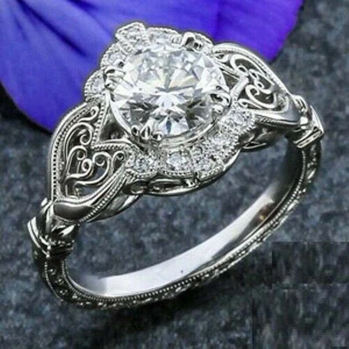 Antique Art Deco Round Lab-Created Diamond Filigree Wedding Ring In 925 Silver