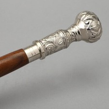Silver Brass Knob Walking Stick Foldable Wood Cane Brown 37" Gift for Men/Women