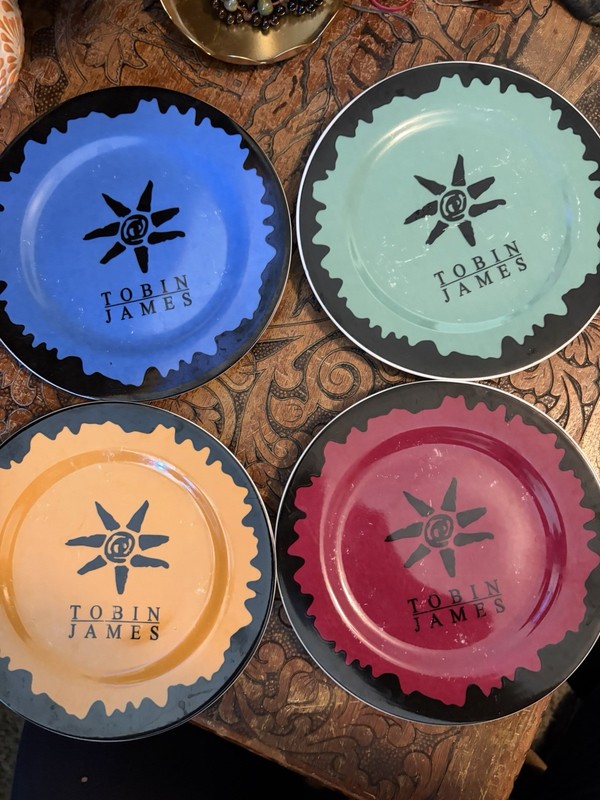 Tobin James Sun Logo Multicolor Dessert Plates Set of 4 Ceramic Round Glossy