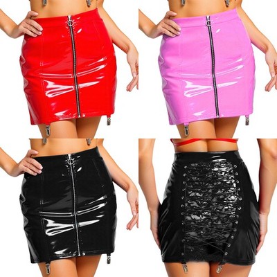Damen Partyrock Kurz Figurbetontes Rock Minirock Eng PU Leder Pencil Skirt Rave