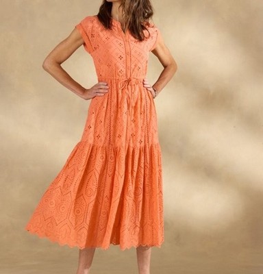 NEW Sundance Catalog Women ASTORIA Eyelet Dress Orange V Neck Boho Pheasant M