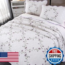 ROOMLIFE Quilt Set Purple Floral 3D Embroidery Pattern 3 PCS 100 Cotton
