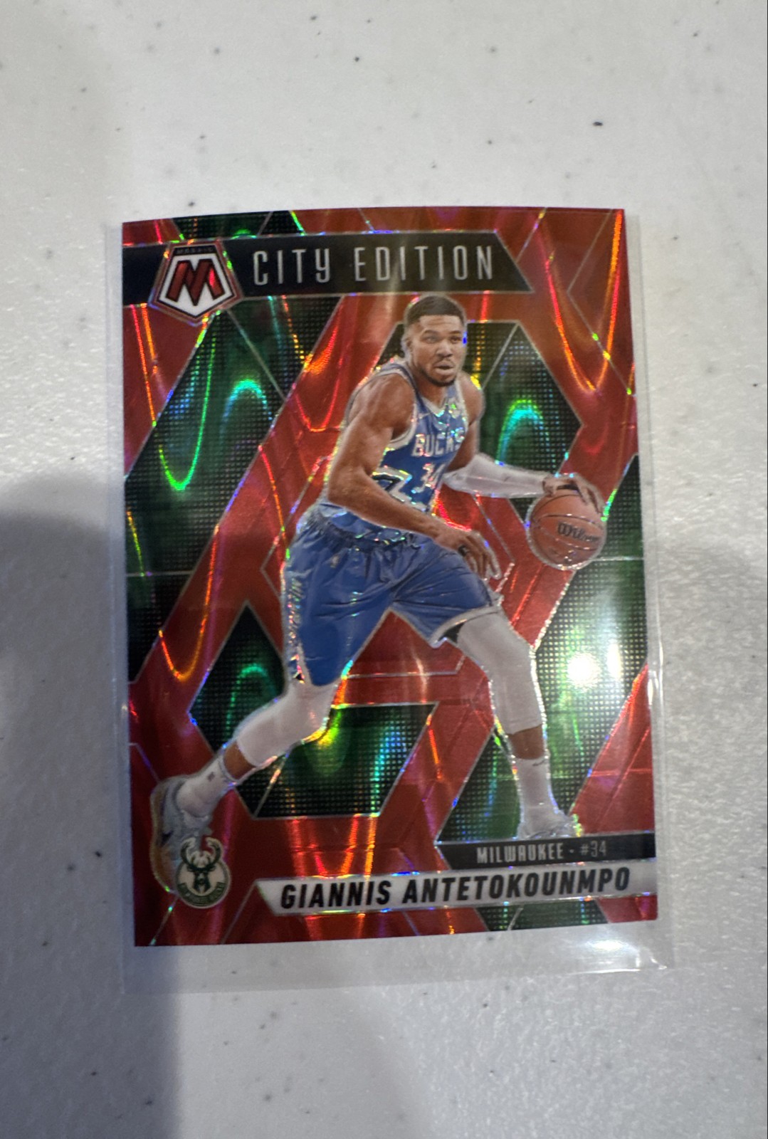 2024-25 City Edition Giannis Antetokounmpo #282 Red Seismic Mosaic Prizm /299