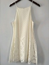 Speechless Cream Floral Lace Mini Dress Women L High Neck Lined Zip Sleeveless