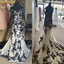 Black/White Wedding Dress Off Shoulder Court Train Vintage Gothic Bridal Gown