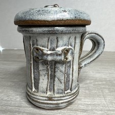 Vintage Dented Garbage Trash Can Pottery Mug with Lid Studio Art Vintage Signed