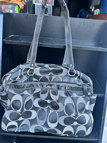 Coach Black/Gray Signature Logo Shoulder Bag Zip Top Silver Hardware Pockets