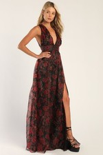 Lulus Garden Of Passion Organza Maxi Dress Black Red Floral Size L Wimsigoth