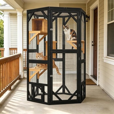 Large Outdoor Cat House Cat Enclosure, Tall Wooden Cat Cage with Open-Top