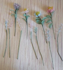 Vintage French Glass Seed Beaded 11 Stems - 4 Flowers & 7 Filler Flowers 