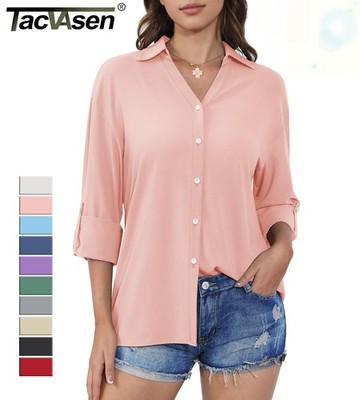Women's Button Down Shirts Collared Dress Shirt Casual Business Work V Neck Tops