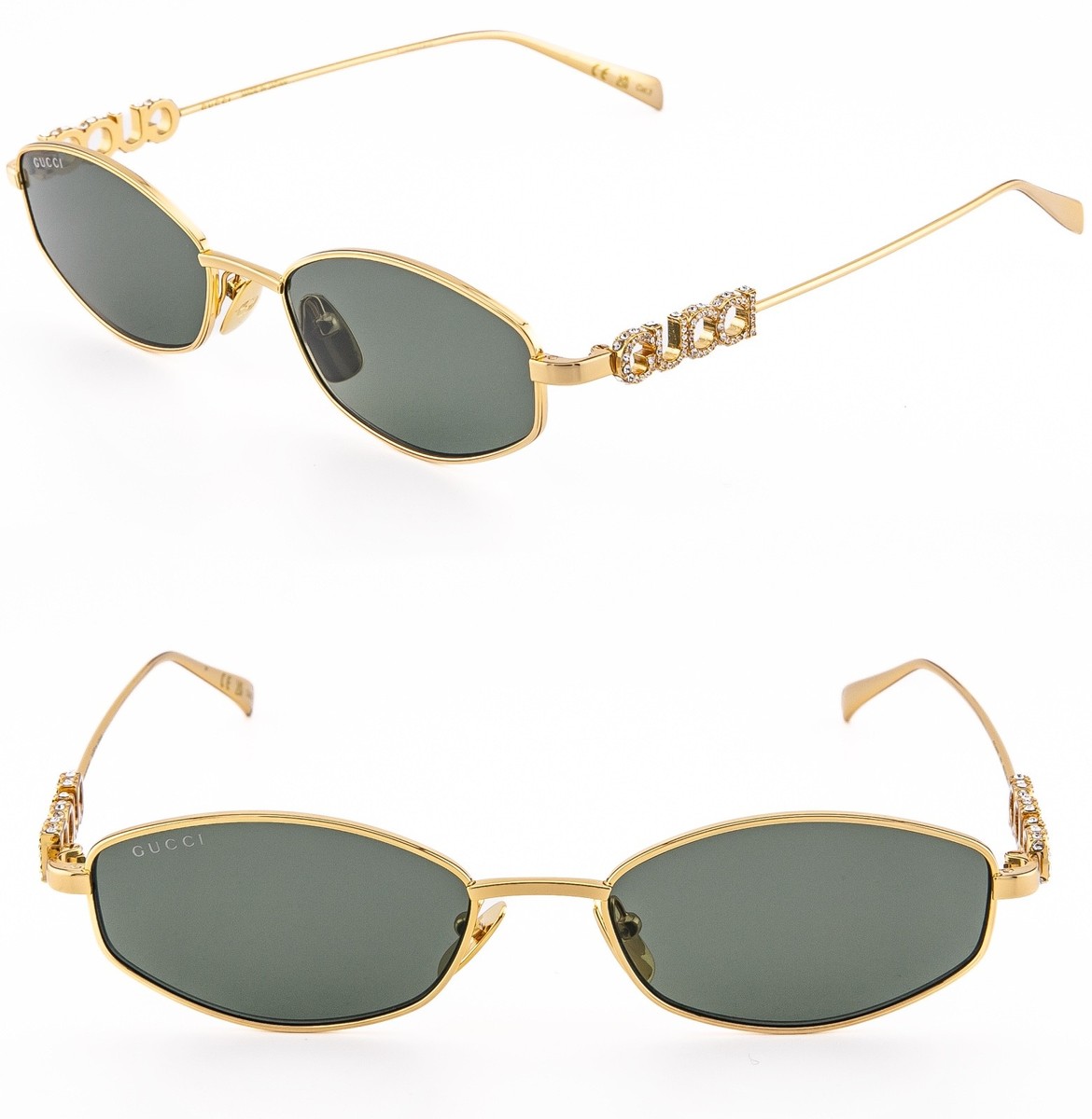 GUCCI 1802 Gg1802S Gold Green Oval Narrow Unisex Crystal Logo