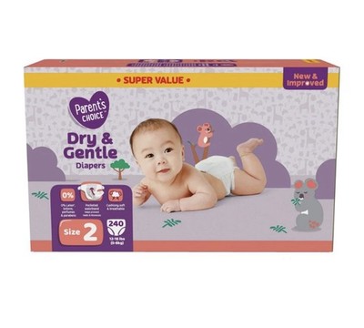 Parent's Choice Dry & Gentle Baby Diapers, Size 2, 240 Ct, Bulk Pack, Absorbent