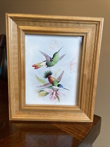 Vintage Wood Frame Small HUMMINGBIRD PRINT With Flowers