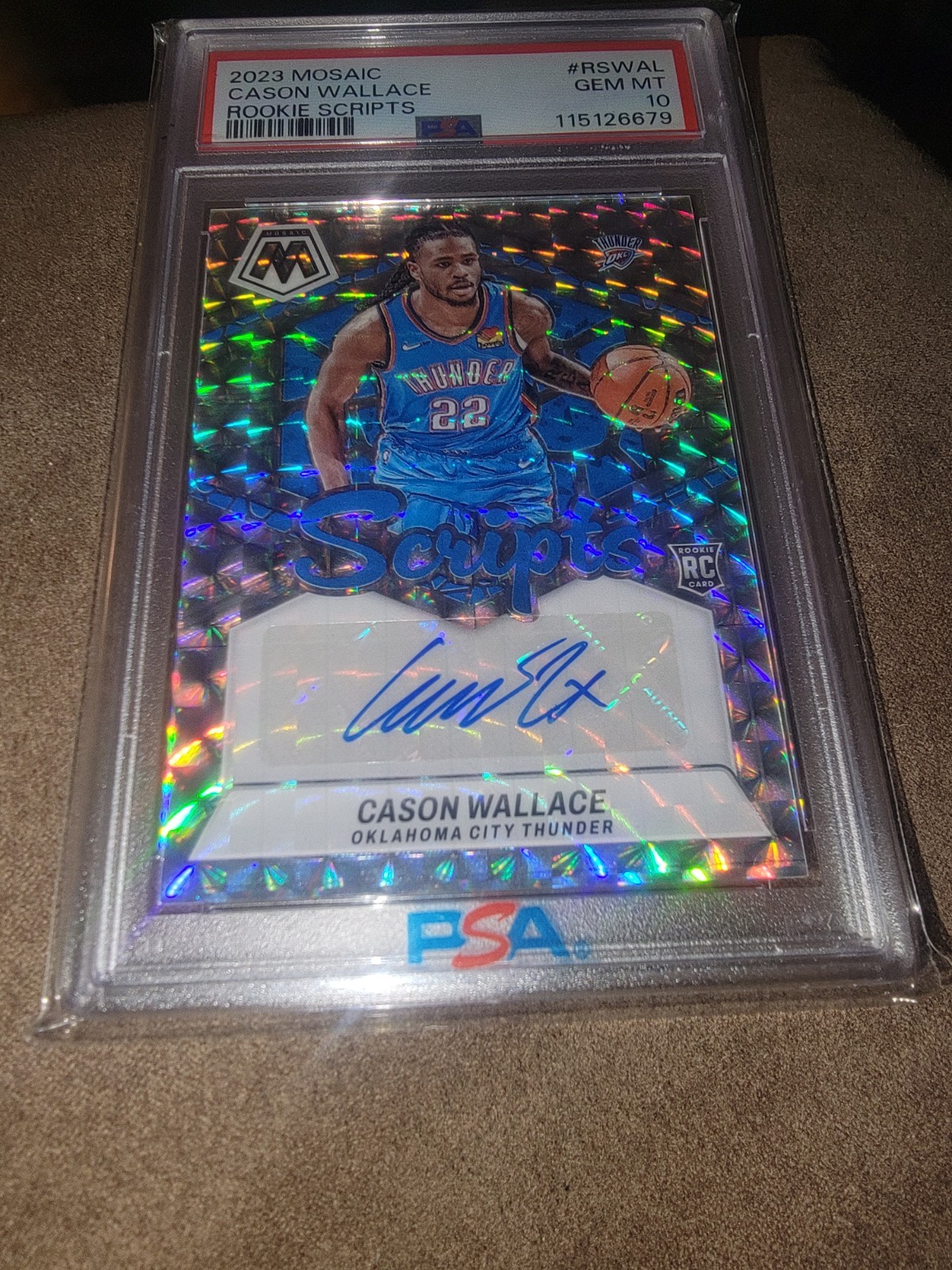 2023 Panini Mosaic CASON WALLACE RC Auto Holo Rookie Scripts #RS-WAL PSA 10