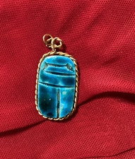 Vintage Egyptian Faience Scarab Pendant Green Glazed Ceramic Beetle With Wire