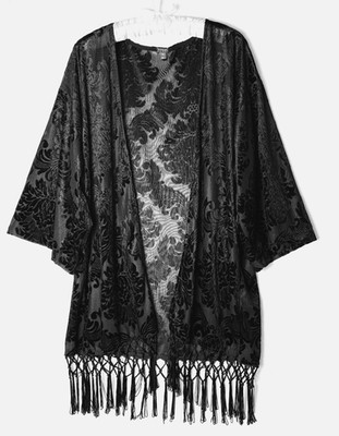 Guess M/L Kimono Black Burnout Velvet Knotted Fringe Whimsigoth Whitchy Festival