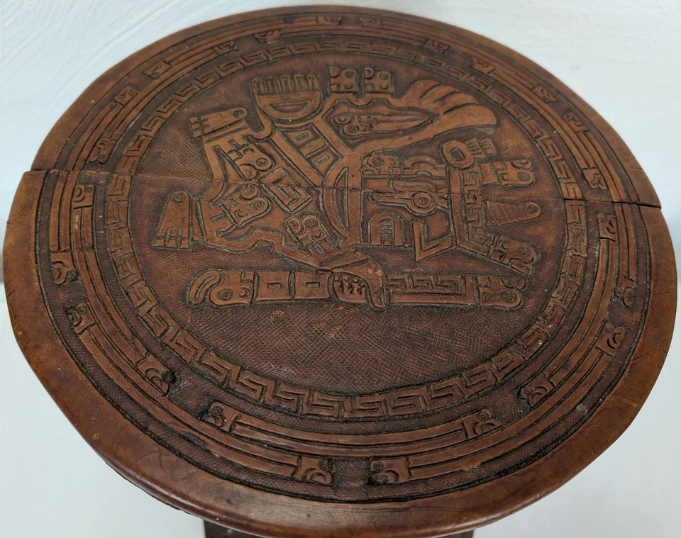 Vintage Peruvian Folding Stool Side Table Collapsible Embossed Leather And Wood - Image 3 of 4