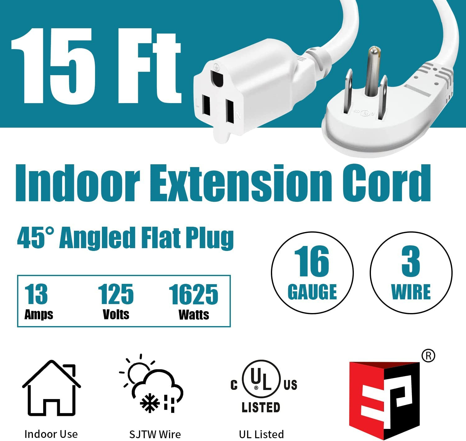 15 Ft Flat Plug Extension Cord, 16 AWG 3 Prong Grounded White Low Profile Extens