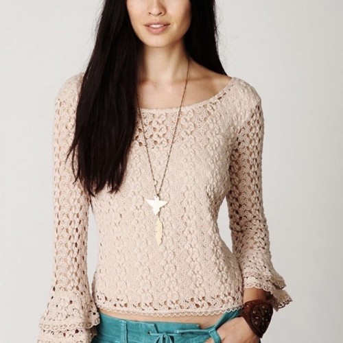 beige flare sleeve crochet lace 