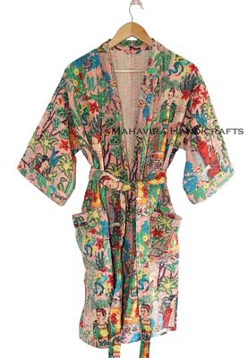 women winterwear Farida Kahlo Print Peach Indian cotton kantha mid length Jacket