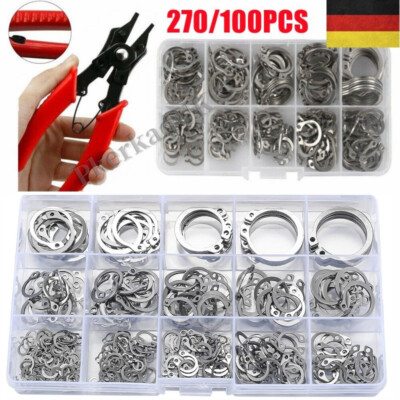 270/100tlg Edelstahl E Clips Sortiment Sicherungsring Seegering Sprengring Zange