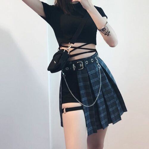 Women Pleated  Mini Skirt Split Punk Rock Gothic Lolita Plaid Check High Waist - Picture 1 of 12