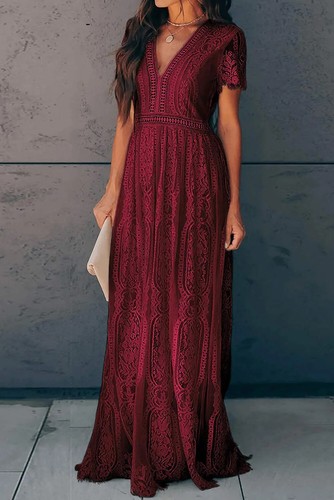 Women Pink White Short Sleeve Crochet Bridal A-Line Lace V Neck Bride Maxi Dress - 第 14/15 張圖片