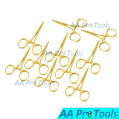 10Pcs Full Gold 3.5-Inch Mosquito Hemostat Forceps, Clamp Locking Plier Straight